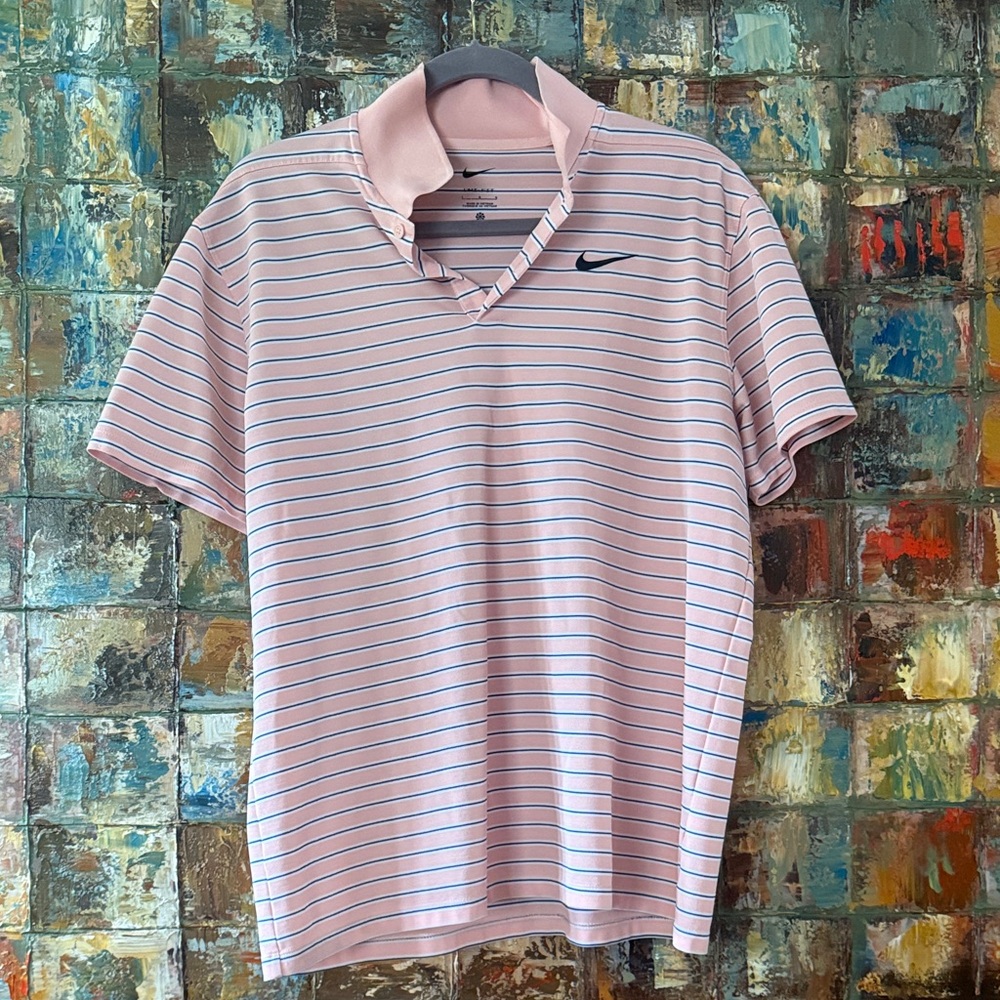 Nike Men's Light Pink and Navy Stripe Polo